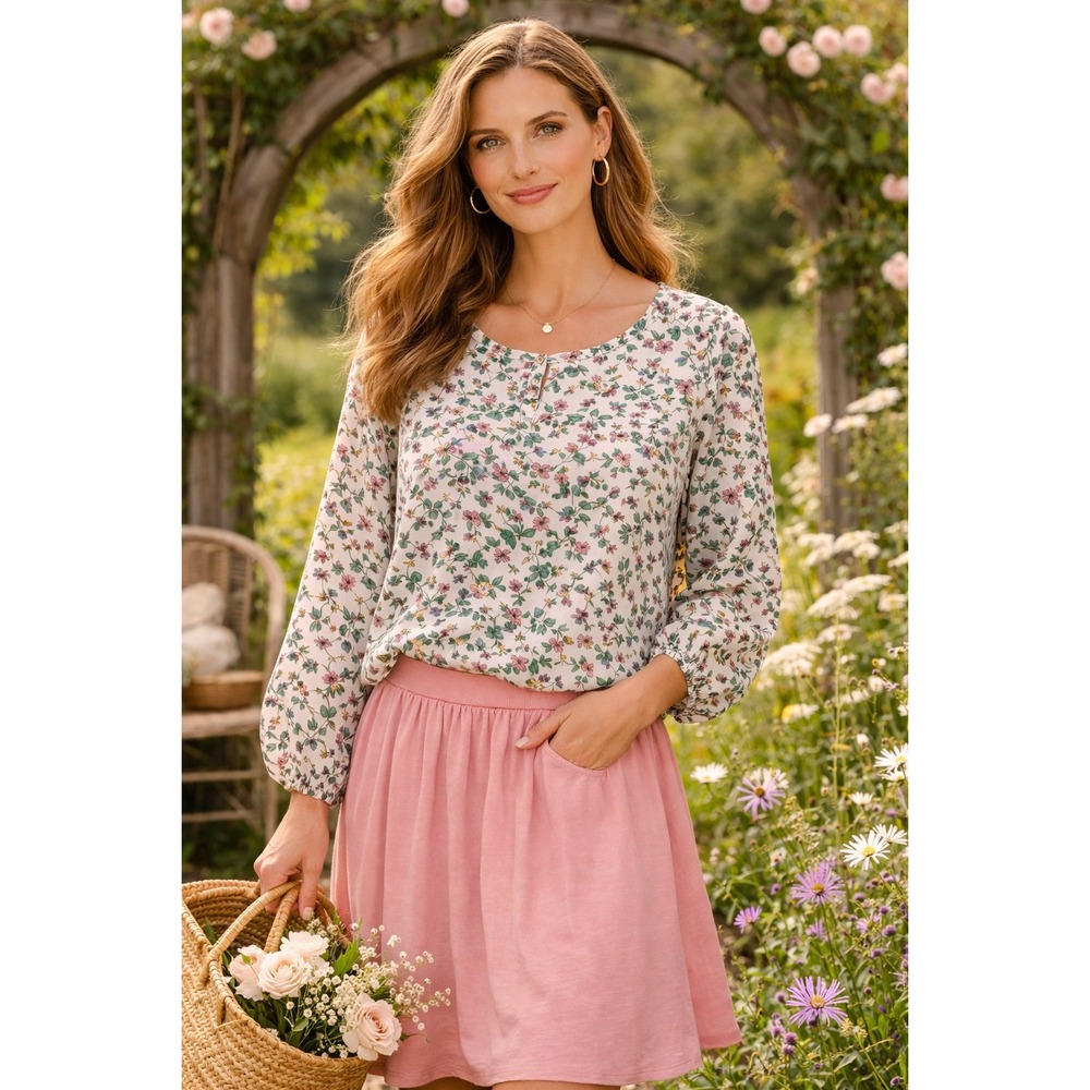 LOFT Floral Long Sleeve Blouse White Pink Blue Wildflower Print Top Large‎